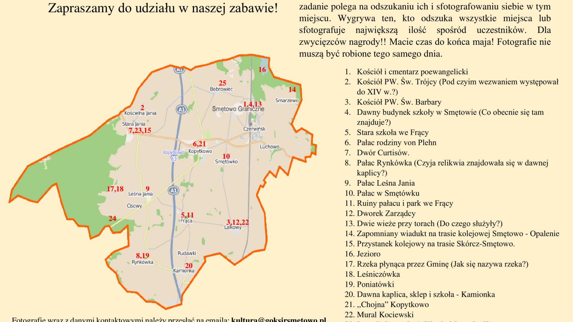 plakatprzedstawiający mapę Gminy Smętowo z oznaczonymi punktami, które należy odnaleźć